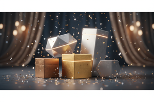 A premium mystery box banner image for a gift shop website — elegant closed gift boxes in diamond, gold, platinum, silver, and bronze finishes arranged artistically. Soft cinematic lighting, luxurious and playful mood, sense of curiosity and surprise. Subtle glow leaking from boxes, confetti sparkles, premium festive background. High-end gifting aesthetic, ultra-realistic, high resolution, website hero banner style, no text