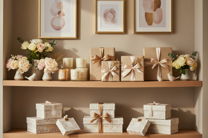 Generate a promotional image for a gift shop showcasing curated gift combos. Show elegant arrangements of wall frames, mini bouquets, customized gifts, surprise boxes, and shelf decor. Focus on a premium, cozy, and aesthetic look with soft lighting, artistic composition, and a warm, inviting color palette. No text included.